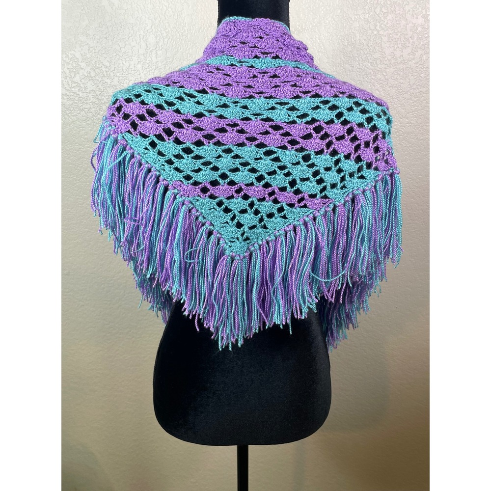 Women Handmade Free Size Crochet Shawl Purple Teal Fringe Boho Wrap Layer Artsy